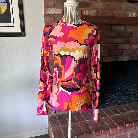 Trina Turk Standard Fan Faire Swim Long Sleeve Tee Rash Guard Pink Orange Sz L - Picture 3 of 9